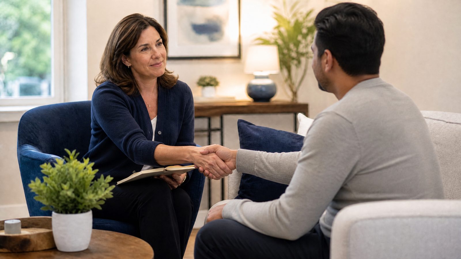 A licensed therapist warmly greeting and shaking hands with a new client at the start of a counseling session in Humble, TX.